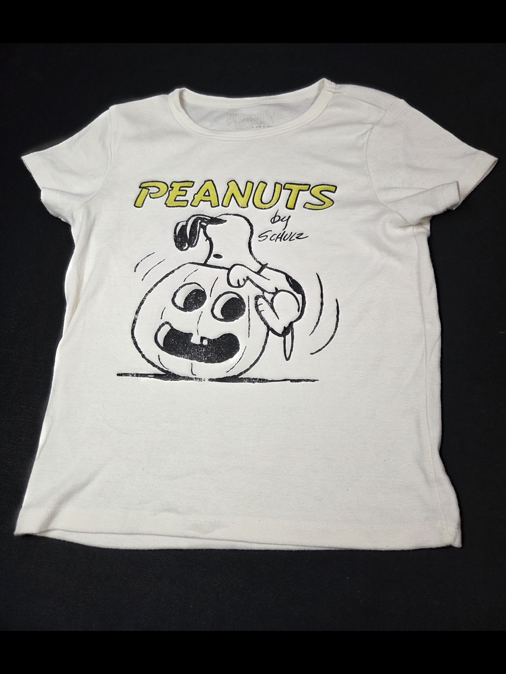 Peanuts White Tee with Yellow Logo and Snoopy Pumpkin Art